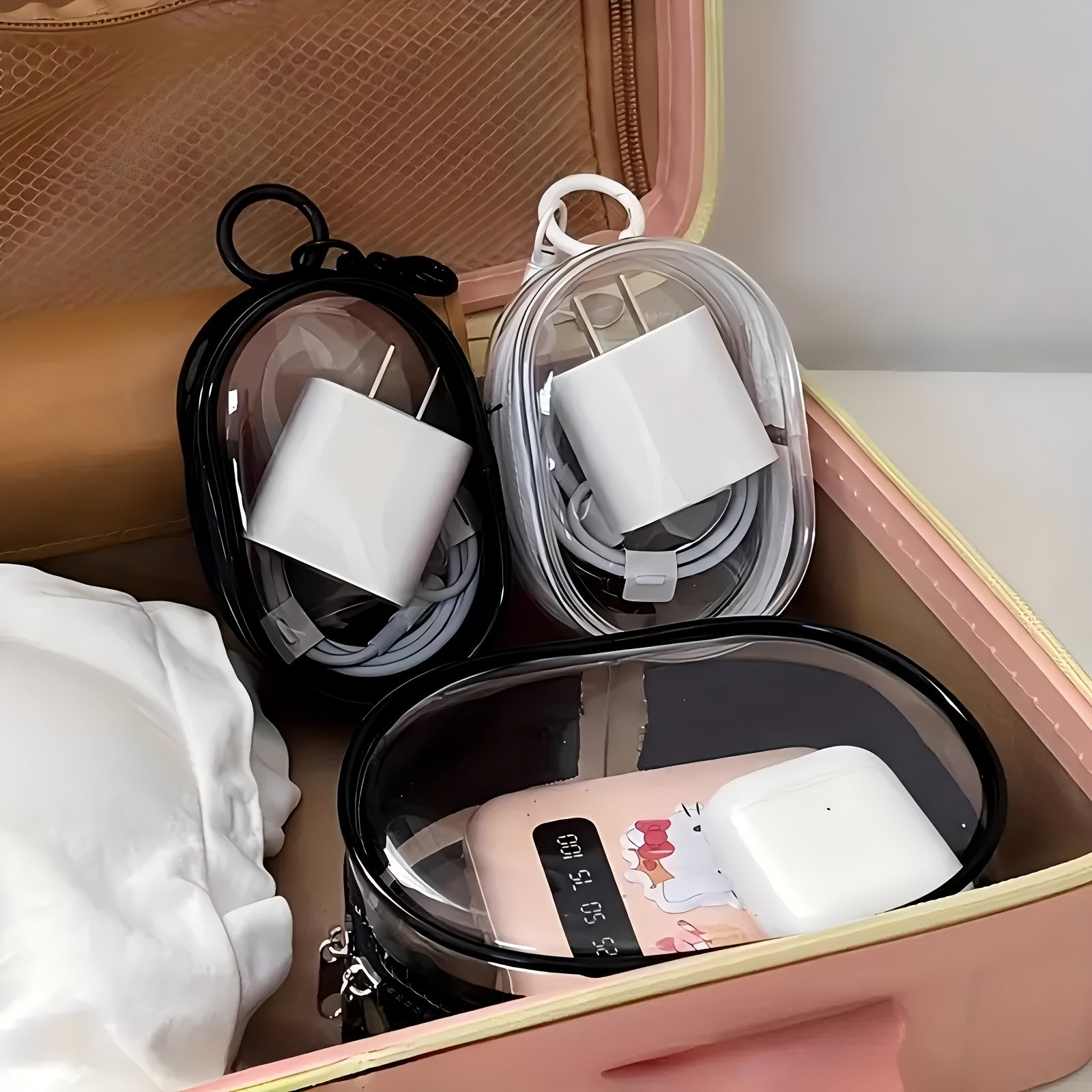 One Portable PVC Cable Storage Box, Casual Style Transparent Charger Storage Box for Headphones and Data Cables, Portable Cable Organizer with Keychain for Chargers, Can also be used to store headphones, cables, jewelry, etc.